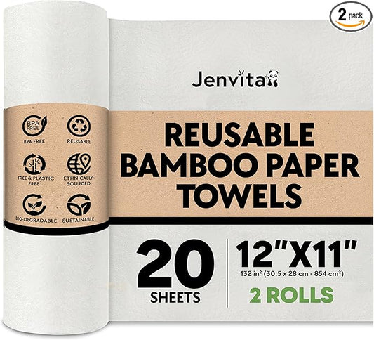Reusable Bamboo Paper Towels |Heavy Duty, Absorbent & Durable | Reusable Washable Paper Towels | FSC Certified | 100% Rayon Derived From Bamboo | Kitchen Towels | 20 Sheets, 12"x11" | 2 Rolls