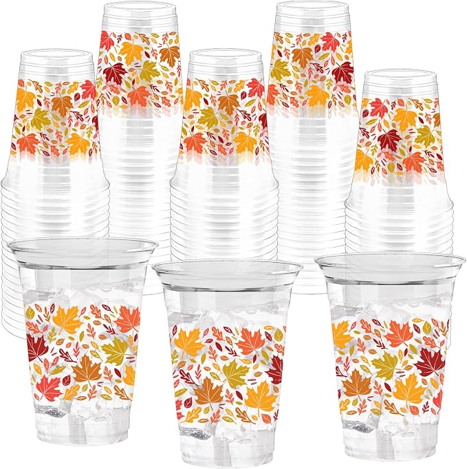 100 Pcs 12 oz Fall Maple Leaf Cups Tanksgiving Disposable Clear Plastic Cups for Fall Party Birthday Supplies