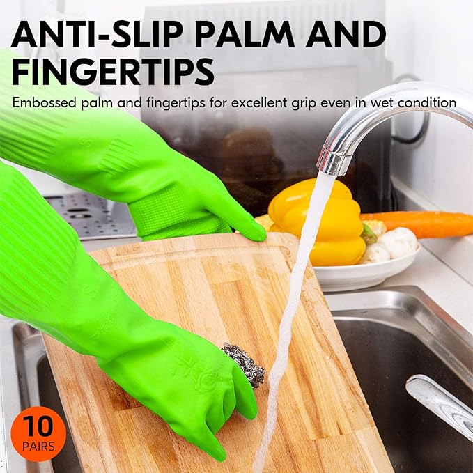 Vgo... 10-Pairs Reusable Long Sleeve Thick Latex Dishwashing Gloves - Cleaning, Washing, Working, Painting, Gardening, Pet Care (Size M, Green, RB2143)