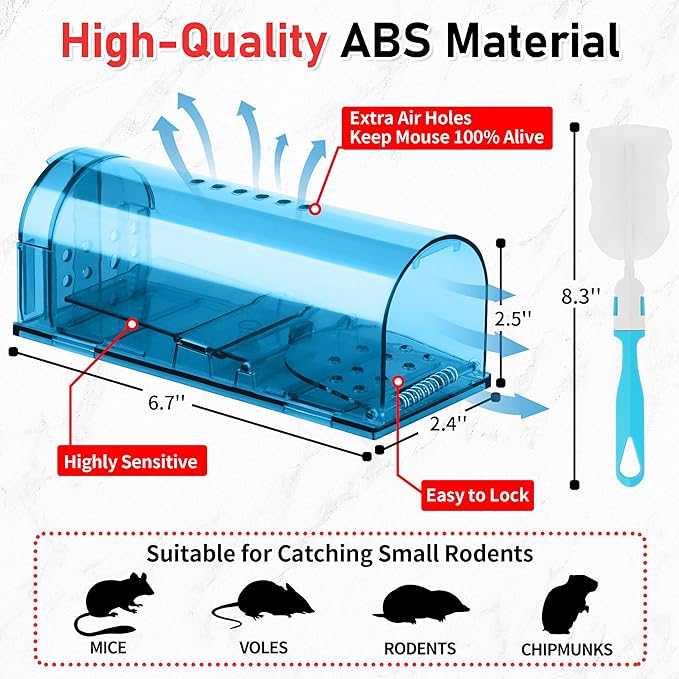 LULUCATCH Humane Mouse Traps 2 Pack | Live No Touch Catch and Release No Kill Rodent Traps | Reusable with Cleaning Brush | Pet Safe Indoor Outdoor for Mice, Rats, Chipmunks, Voles, Blue