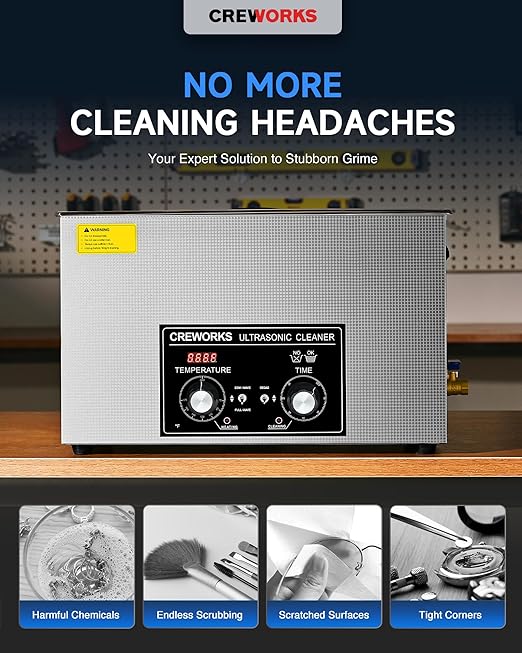 CREWORKS 30L Ultrasonic Cleaner with Heater and Timer, 600W Stainless Steel Ultrasonic Cleaner Machine with Degas & Gentle Modes, Ultrasonic Parts Cleaner with Knob Control for Machine Part Auto Tool