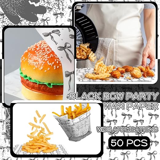 Geosar 100 Pcs Coquette Bow Paper Food Trays Bulk Bow Party Supplies Birthday Decor Disposable Food Boat Trays with Wax Paper Sheet Wrapping for Wedding Bridal Party Supplies(Black)