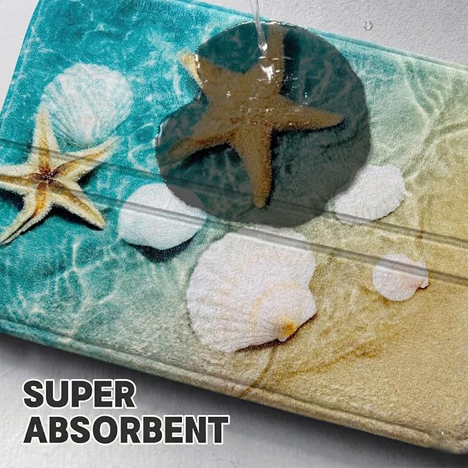 WODEJIA Bathroom Anti-Slip Foam Carpet,Durable Flannel Mat 3D Print Rug for Living Room, Absorbent Water Clearance MatS for Forlaundry Room and Kitchen, Beach Starfish Scallop Carpt 30x18 Inches
