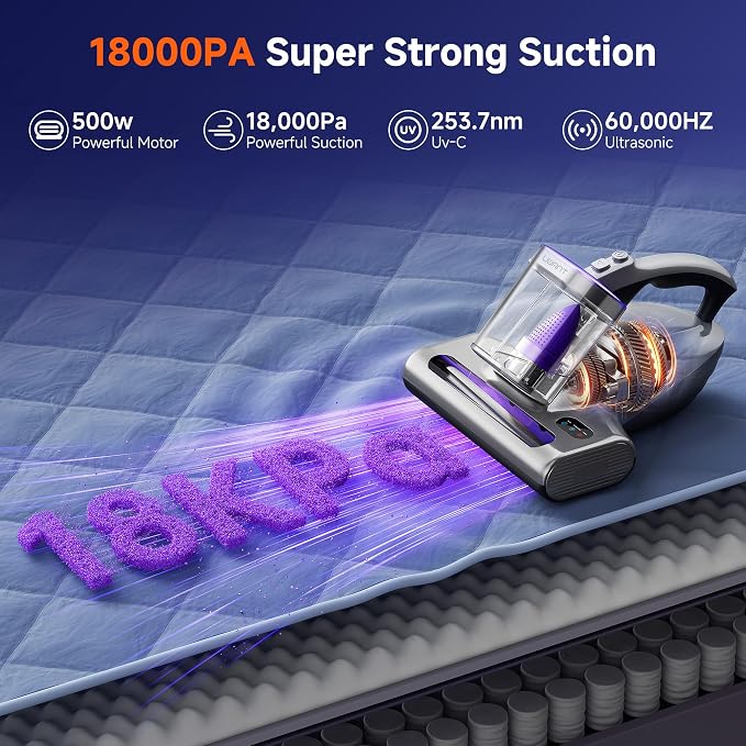 uwant Mattress Vacuum Cleaner, 18KPa Bed Vacuum with 253.7nm UV-C Light, 500W Powerful Handheld Vacuum with 65° Hot Air, 60000 RPM/Min Tapping, Ultrasonic, HEPA Filter for Bed, Sofa, Crib Set of 1