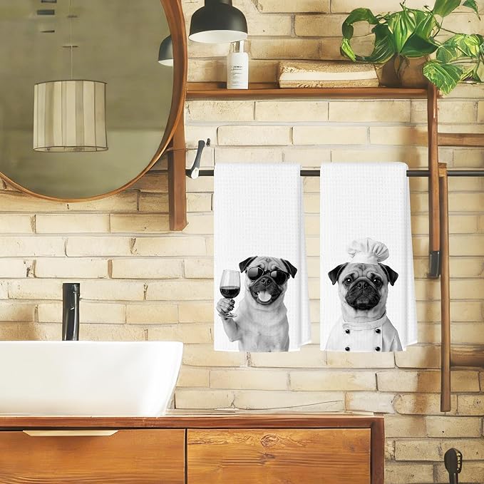 Funny Pug Kitchen Towels Set of 2, Dog Kitchen Bar Accessories, Dog Chef Gifts for Women Decorative Hand Towels for Kitchen Decor, Pug Lovers Dish Tea Towel, 16x24 Inch