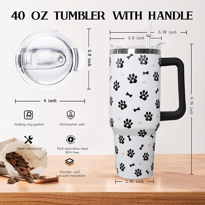 40oz Dog Paw Flip Tumbler with Handle & Straw, Vacuum Insulated Stainless Steel Flip Top Water Bottle, Cute Dog Paw Print Travel Mug, Dog Lover Gifts for Women, Pet Themed Tumbler for Car Cup Holder