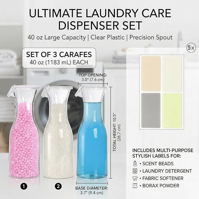 3 Pack Laundry Detergent Dispenser with 5 Labels, 40 OZ Plastic Fabric Softener Bottle, Reusable Detergent Container, Laundry Room Organizer for Liquid Soap Powder Bleach Scent Booster Beads