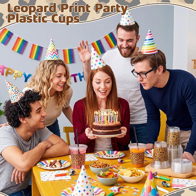 Domensi 25 Sets Leopard Print Plastic Cups with Lids and Paper Straws 12oz Cheetah Animal Disposable Drinking Cups Bulk for Cold Drinks Baby Shower Wedding Jungle Leopard Theme Birthday Party Supplies