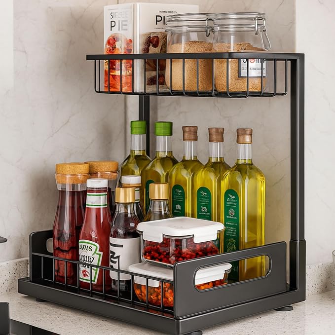 2-Tier Under Sink Organizer Rack – Adjustable Kitchen & Bathroom Storage Shelf with Sliding Baskets, Space Saver for Cleaning Supplies, Pantry, Spices, Toiletries – Heavy Duty Metal Organizer -1 PACK
