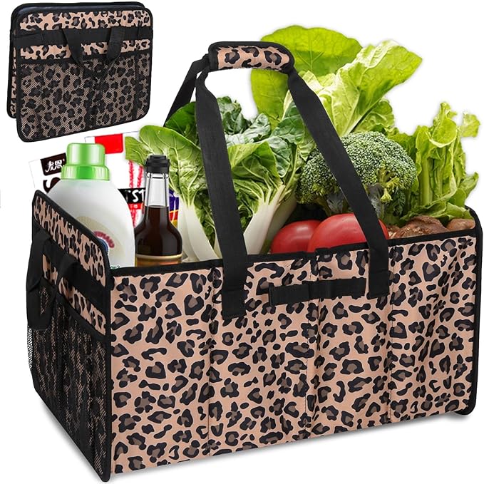 Reusable Grocery Bags Foldable Extra Large Utility Tote Bag with Wire Frame Heavy Duty Shopping Bags with Handles for Groceries Sturdy Grocery Totes with Pockets for Car Trunk Storage Laundry