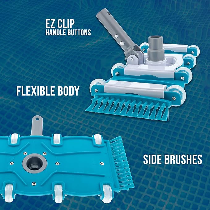 U.S. Pool Supply 16" Manual Pool Vacuum Head for Inground Pools, Side Brushes, Flexible, Weighted - Swivel Connection 1.25" or 1.5" Hoses - Cleaner Accessory Attachment, CleanDebris, Metal Pole Handle