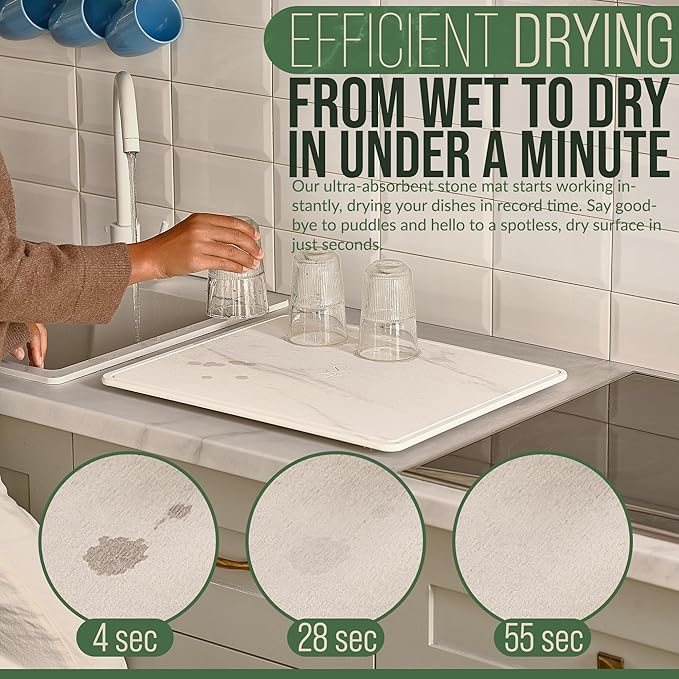Large Stone Dish Drying Mat - Double-Sided Stone Drying Mat for Kitchen Counter - 3-Pcs Gift Set (White Marble, 20" x 16")