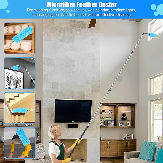 20 Foot High Reach Ceiling Duster Kit 3.6-12ft Extendable Pole with Cobweb Duster,Ceiling Fan Duster,Window Squeegee and Scrubber, Microfiber Feather for Easy Cleaning Indoor & Outdoor