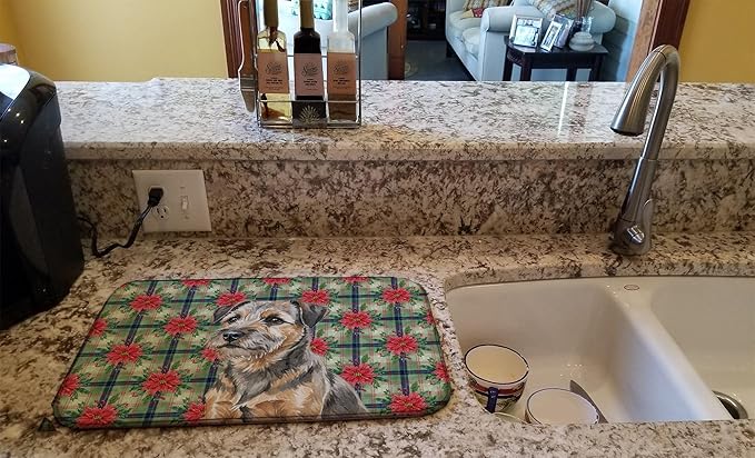 Caroline's Treasures Grizzle and Tan Border Terrier Christmas PoinsettIas Dish Drying Mat Absorbent Dish Drying Mat Pad for Kitchen Counter Dish Drainer Mat for Countertop, 14 x 21", Multicolor
