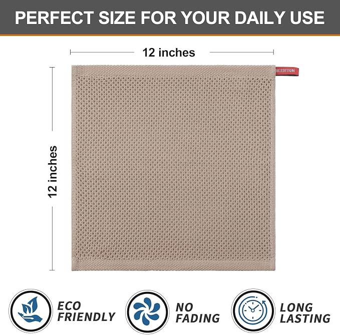 Kitinjoy 100% Cotton Kitchen Dish Cloths (12 X 12 Inches, Tan), 8 Pack Waffle Weave Ultra Soft Absorbent Dish Towels for Drying Dishes Quick Drying Kitchen Towels Dish Rags