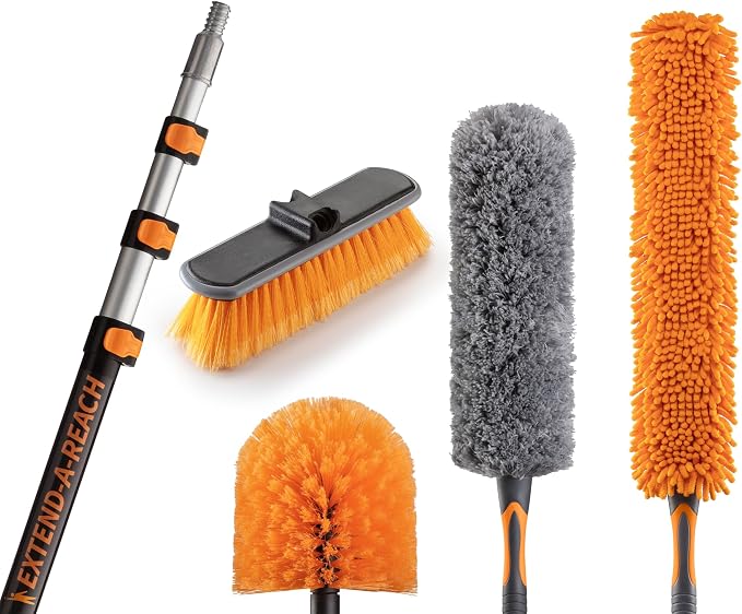 20 Foot High Reach Duster Kit with 4-12 ft Extension Pole and Medium Bristle Deck Scrub Brush Composite Deck Brush Head & Vinyl Siding Brush Boat Scrub Brush