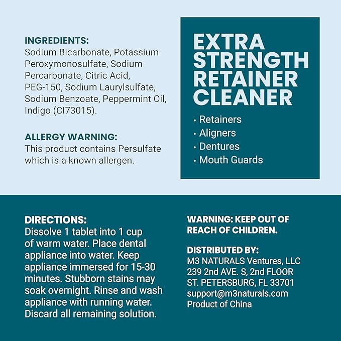 Retainer and Denture Cleansers 240 Tablets Removes Bad Odors Discoloration Stains Plaque for Cleaning Invisalign Mouth Guard Night Guard and Removable Dental Appliances by M3 Naturals (Pack of 2)