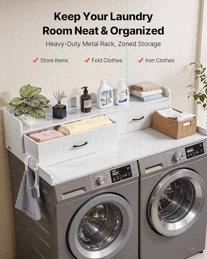 VEVOR 2 Drawers Washer Dryer Countertop with Shelf, 54" x 27" Wooden Laundry Countertop with 2 Hooks & Splicing Panels, Washer and Dryer Topper, Laundry Room Organization and Storage, White