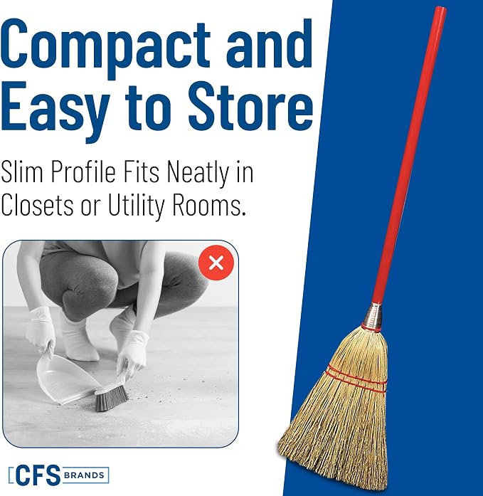 Flo-Pac Compact Corn Fiber Utility Broom with Wire-Wrapped Bristles and Red Handle, 33 Inches, Red (Pack of 12)