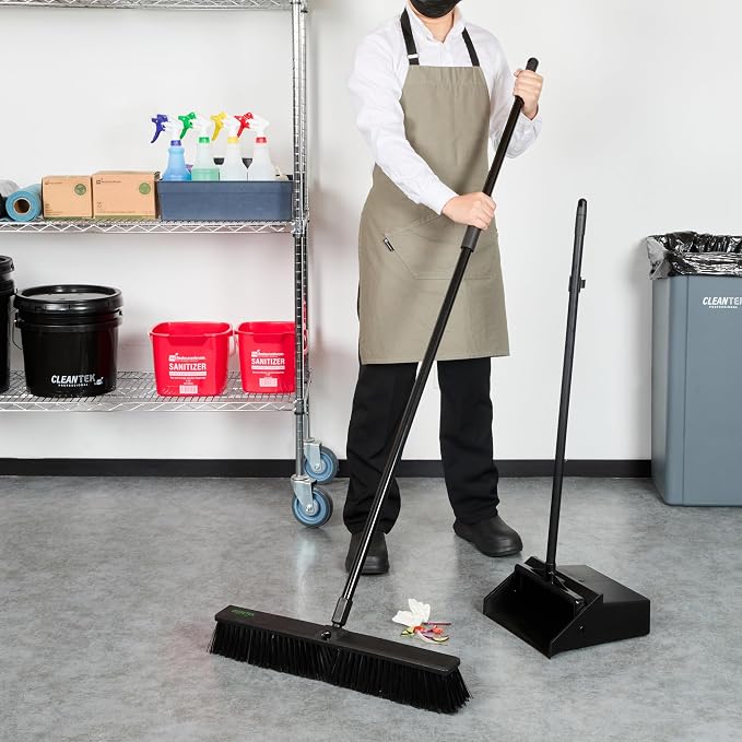 Restaurantware-Clean Tek Professional 23.62 Inch Push Broom, 1 Heavy-Duty Broom with 59” Handle - Medium Bristles, 2 Handle Attachment, Wooden, Commercial Use, for Deck, Garage, Yard, Patio