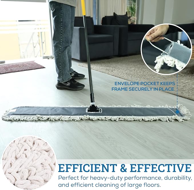 Kleen Handler 48" Commercial Dust Mop Replacement Heads, 3 Pack Industrial Loop End Flat Dust Mop Pads, Washable Cotton Mop Refill for Floor Cleaning, Natural