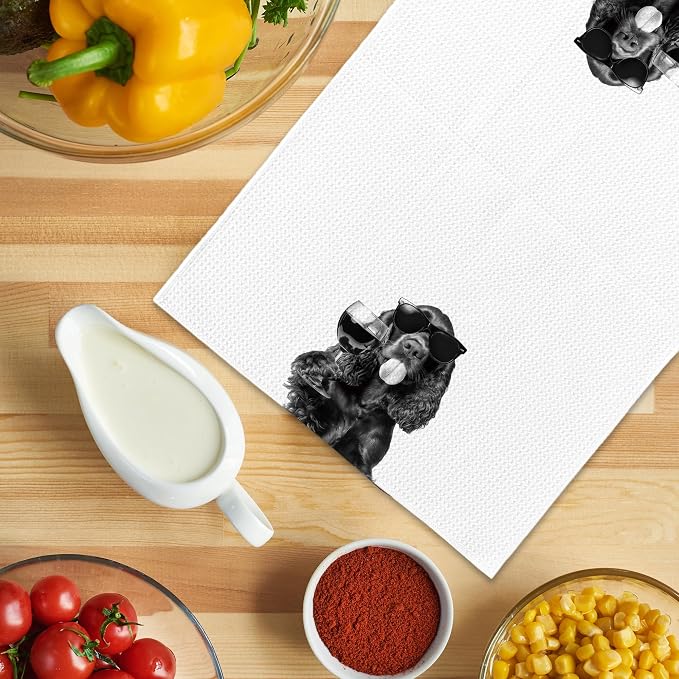 Funny Cocker Spaniel Wine Kitchen Towels, Gifts for Dog Wine Lovers, Bar Accessories Dish Tea Towels for Kitchen, Dog Owners Housewarming Gift Decorative Hand Towel 16x24 Inch