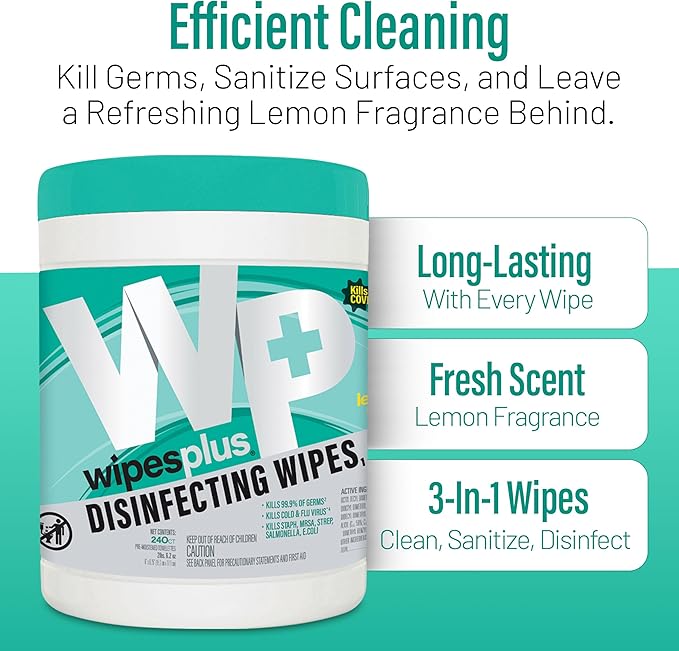 WIPESPLUS Disinfecting Surface Wipes Canister Bleach Free with Lemon Scent for Home and Business, 2880, (12 Packs of 240)