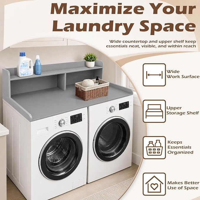 Royxen Laundry Countertop with 2-Tier Shelf Universal Fit, Washer and Dryer Countertop with Storage Space, Shelf Height 11.5 Inches, Solid Wood Core, Grey