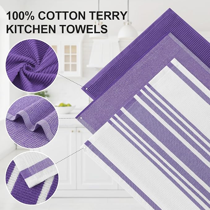 Homaxy Premium Kitchen Towels(18”x 28”, 6 Pack), Large Cotton 380 GSM Kitchen Hand Towels, Soft and Absorbent Terry Dish Towels, Multipurpose Tea Towel Set with Hanging Loop, Purple