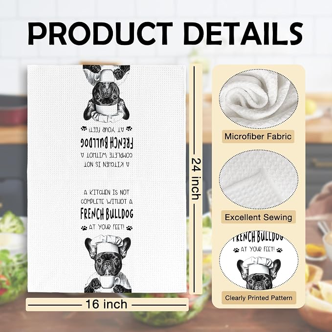 Funny French Bulldog Dog Kitchen Towels 16x24 Inch Set of 2 | French Bulldog Lovers Gifts for Women Men Dish Tea Towels for Kitchen, Dog Lover Mom Dad Owner Gifts Decorative Hand Towel