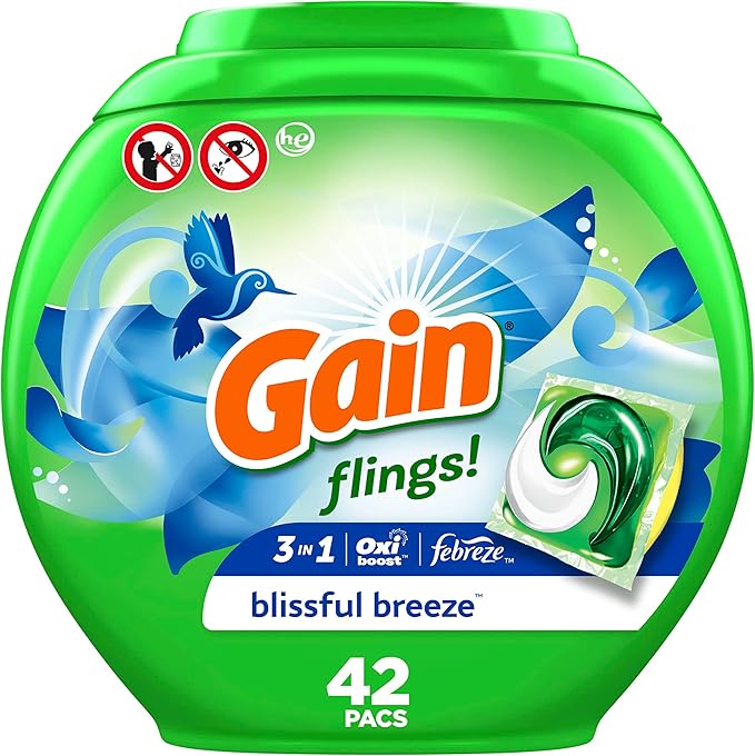 Gain flings Laundry Detergent Soap Pacs, HE Compatible, 42 Count, Long Lasting Scent, Blissful Breeze Scent