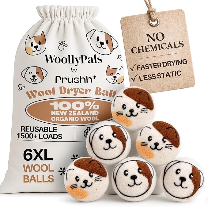 WoollyPals Wool Dryer Balls (6-Pack, XL Size)- 100% New Zealand Organic Wool - Sustainable & Eco-Friendly - Dry 1,000 Loads, Replaces Dryer Sheets, Reduces Static Cling, Reusable (Multi Colour)