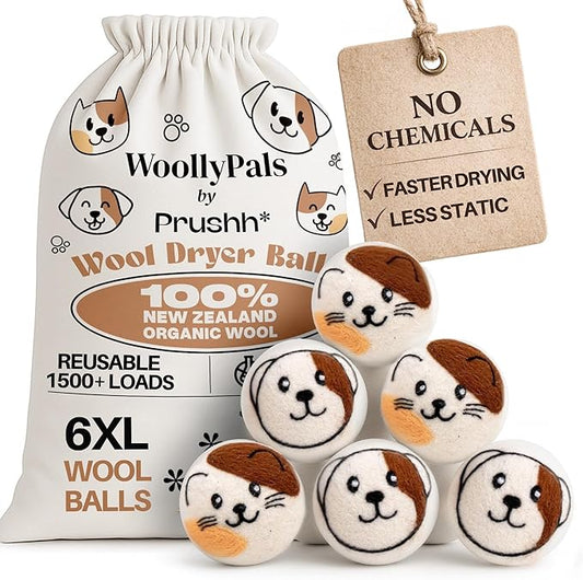 WoollyPals Wool Dryer Balls (6-Pack, XL Size)- 100% New Zealand Organic Wool - Sustainable & Eco-Friendly - Dry 1,000 Loads, Replaces Dryer Sheets, Reduces Static Cling, Reusable (Multi Colour)