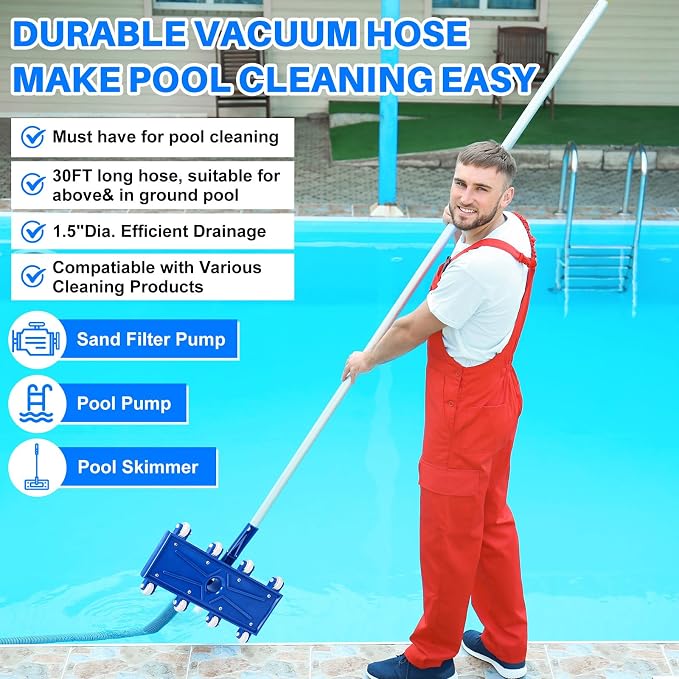 3 Pcs Pool Cleaning Kit 14" Vacuum Head with Flexible Wheels, 1-1/2 x 18ft Hoses and Skim Vacuum Plate Pool Maintenance Cleaning Accessory Tool for Fast, Easy Debris Removal
