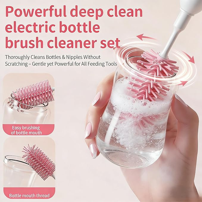 Portable Electric Silicone Bottle Brush Set, 7-in-1 UV LIGHT USB Charging, Nipple/Straw Cleaner, Milk Mixer, Built-in Drying Rack & Storage Case, BPA-Free, IPX7, On-the-Go for New Parents (Blush)