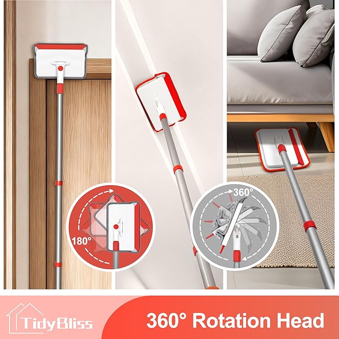Baseboard Cleaner Tool with Handle, 55.9” Long Wall and Base Board Cleaning Mop, 4 Reusable Pads, 1 Stiff Bristle Scrubber Brush for Floorboard Ceiling Cabinet Window Bathroom Kitchen (Red)
