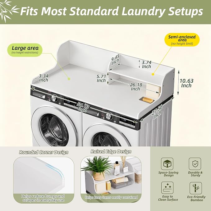 Washer Dryer Countertop with Shelf, 54" x 27.5" 2-Tier Bamboo Laundry Topper, Washer and Dryer Countertop for Laundry Room Organization with Edge Rails, Waterproof, White