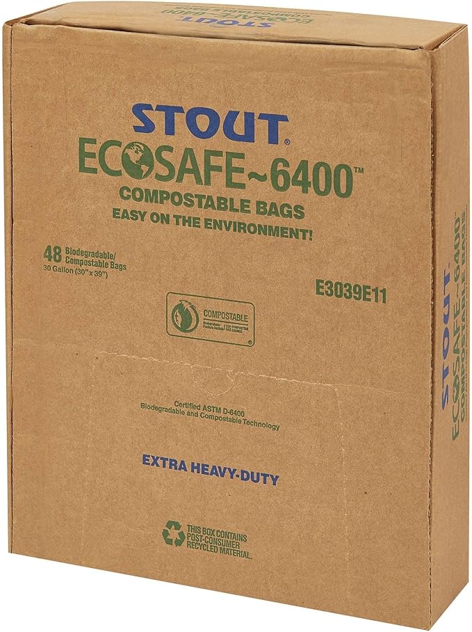 Stout by Envision Compostable Trash Bags, 30 Gallon 30" x 39", 48 Bags Per Case, ASTM6400, Green Bags, Made in America (E3039E11)