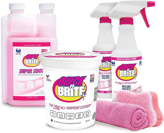 Quick 'n Brite Ultimate Cleaning Kit – Includes 32oz Paste, 16oz Super Shot, 2 Refillable Spray Bottles, Microfiber Towel, Scrubber Sponge & Quick Start Guide – All Purpose Cleaner - Made in the USA