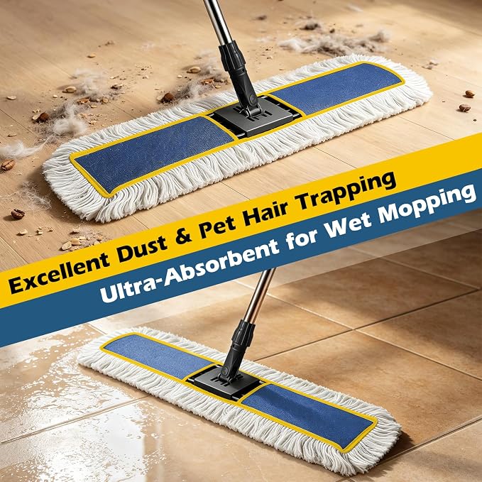 MASTERTOP 40" Commercial Dust Mop for Floor Cleaning, Heavy Duty Flat Mop | Industrial 64" Long Handle Push Broom with 2 Cotton Pads for Hardwood, Tile, Laminate, Concrete, Warehouse & Gym Cleaning