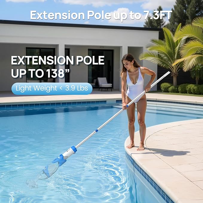Consciot Upgraded Pool Vacuum for Above Ground & Inground Pool, 75-Min Runtime, 113" (9.4FT) Telescopic Pole, 22 GPM Suction, 2L Capacity, 4 Filters; Ideal for Spa, Hot Tub & Pool Stairs