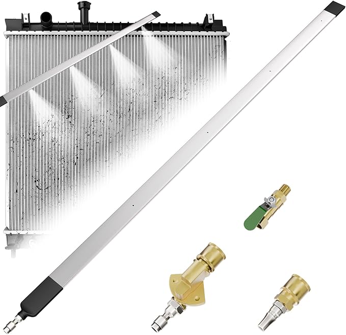 24" Radiator Cleaning Wand, 4500 PSI Water and Air Dual-Use Pressure Washer Tool, 180° Swivel, 4-Nozzle Fan Spray, 3 Quick Connect Adapters, AC Coil Cleaner for Car Truck SUV RV Engine Cooling