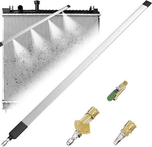 24" Radiator Cleaning Wand, 4500 PSI Water and Air Dual-Use Pressure Washer Tool, 180° Swivel, 4-Nozzle Fan Spray, 3 Quick Connect Adapters, AC Coil Cleaner for Car Truck SUV RV Engine Cooling
