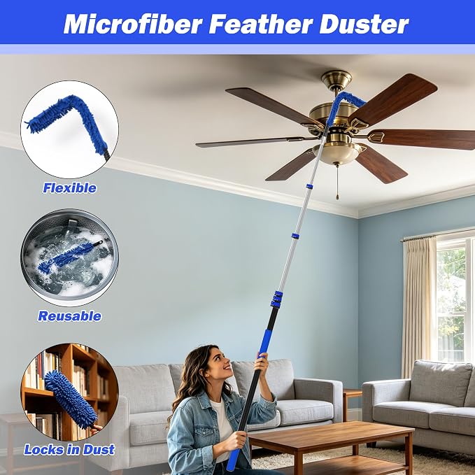 30T Reach Duster Kits, Window Cleaning kit with 5-24FT Telescoping Extension Pole, Cobweb Duster, Washable Fan Duster for Ceiling, Window Squeegee for Glass and Microfiber Feather Duster
