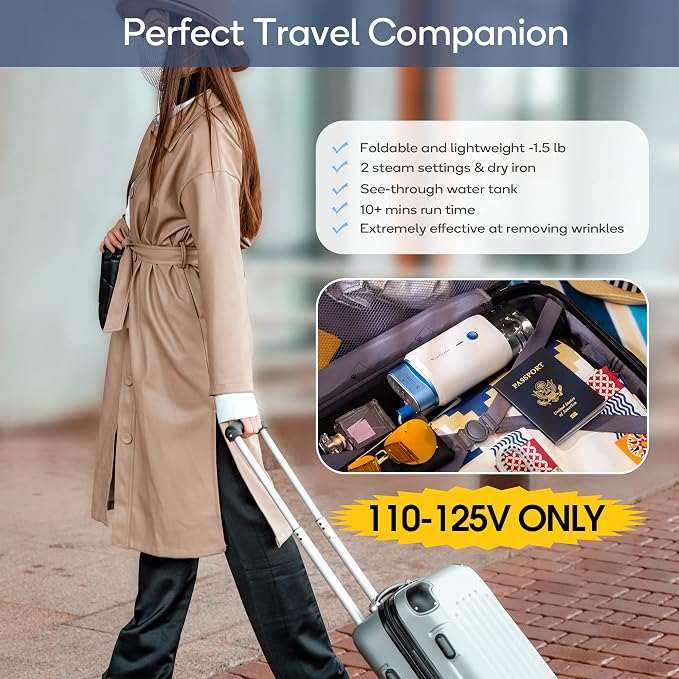 Newbealer Steamer for Clothes, 2 Steam Levels & Dry Iron, 120V Only (Blue) | Foldable & 20s Fast Heat, 360°Anti-Spill, 1200W 180ml Handheld Fabric Wrinkle Remover, 1.5 lbs Compact Size for Trip/Home