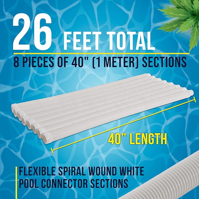 U.S. Pool Supply Pool Vacuum Hose, 8 Piece Pool Hose Set - 40" White Flexible Spiral Wound Connector Sections with 1.5" Male & Female Cuff Ends, Replacement Fits Most Inground Automatic Cleaner Brands
