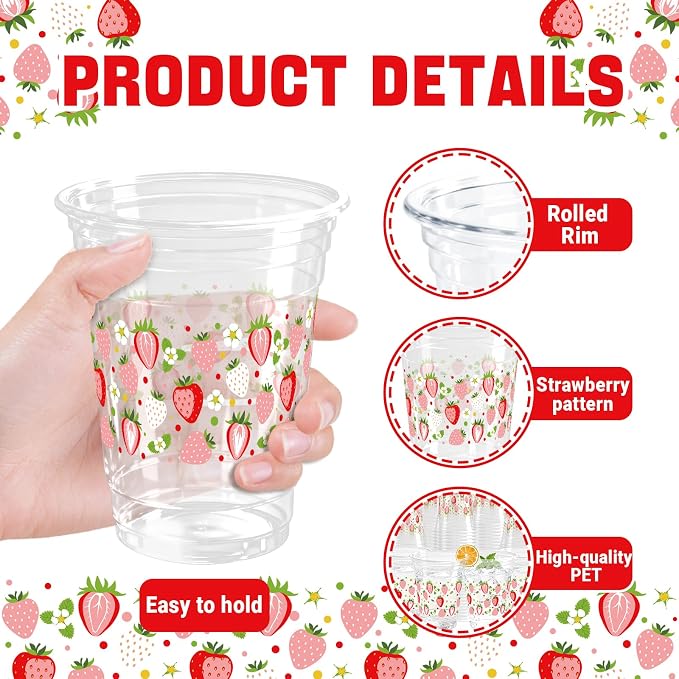 100 Pack Strawberry Plastic Cups 16 oz Pink Red Fruit Flower Disposable Cup Clear Strawberry Summer Spring Party Favor Drinking Cold Beverage Cup for Party Supplies