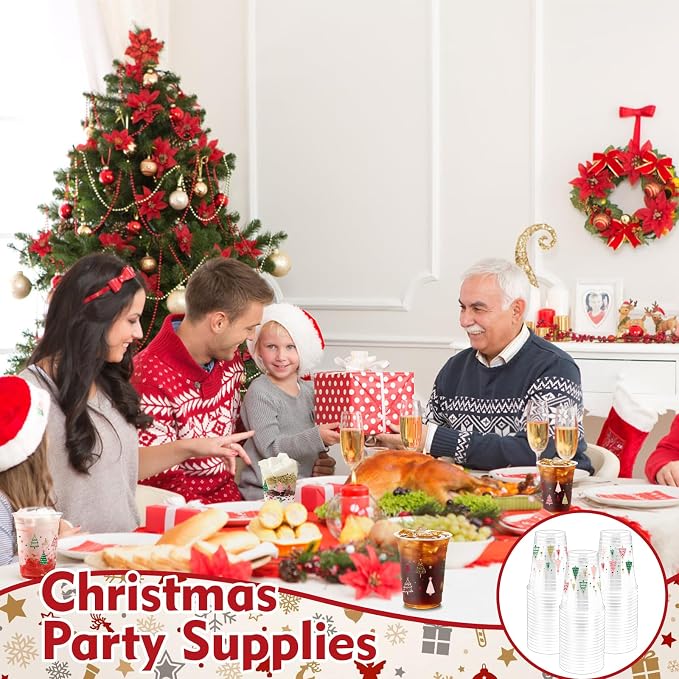 100Pcs Boho Christmas Tree Plastic Party Cups, 12oz Xmas Disposable Clear Cups for Christmas Party, Holiday Gatherings, Decorative Drinkware Supplies