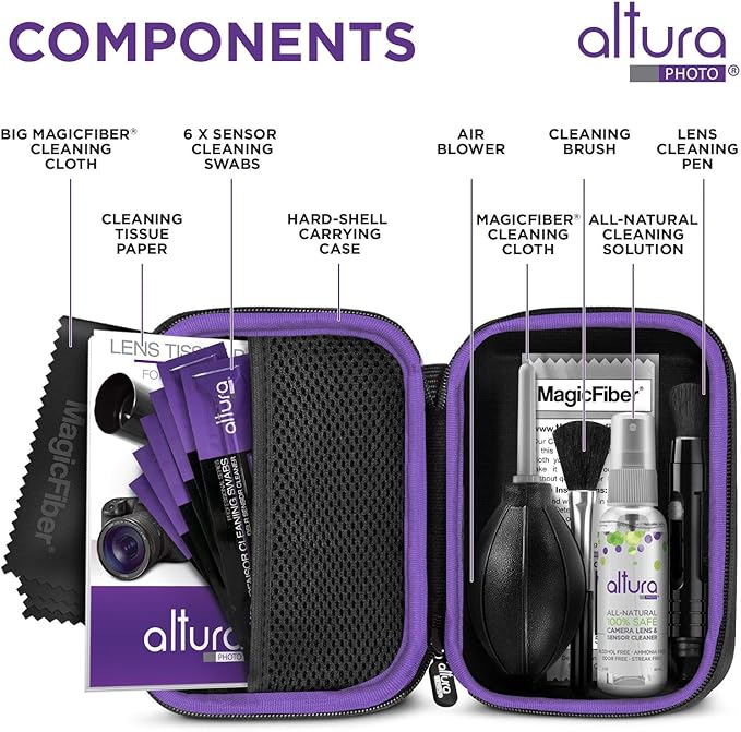 Altura Photo Camera Cleaning Kit - Full Frame Lens & Sensor Cleaner with All-Natural Solution, 24mm Factory-Sealed Swabs, Pen, Blower, Brush, Cloths & Hard Case for Canon Nikon Sony DSLR Mirrorless