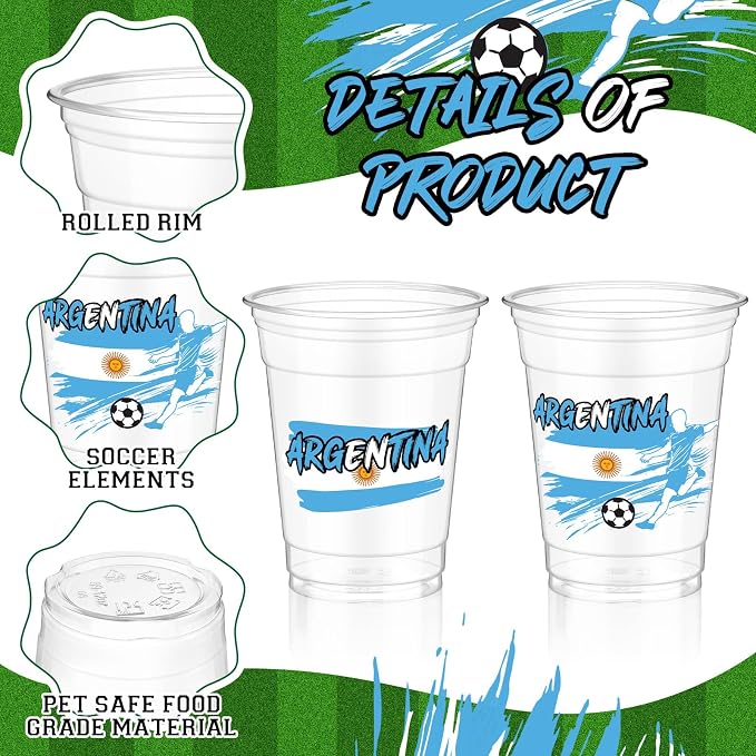 Jingmore 50 Pcs Soccer Plastic Cups 12 oz International Countries Soccer Disposable Plastic Cups Thick Clear Drinkware for Sports Games Party Supplies (Argentina)